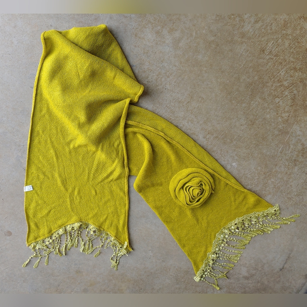 Vintage Floral Bohemian Whimsigoth Mustard Rose Lace Trim Long Scarf | Preppy - Picture 14 of 17